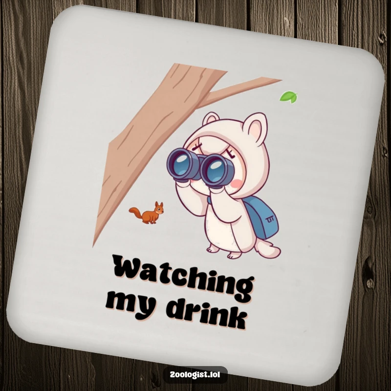 Funny squirrel spotting drink coaster with a cute character using binoculars to view a distant, playful squirrel, protecting tables.