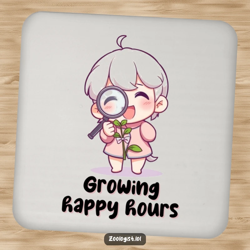 Funny drink coasters with a character examining a plant with a magnifying glass, protecting surfaces with botanical humor. A unique gift.