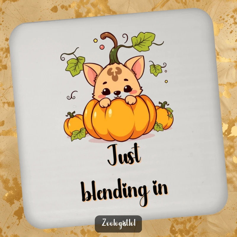 Funny drink coaster with a mischievous animal character hiding behind a plant, offering humorous protection for furniture.