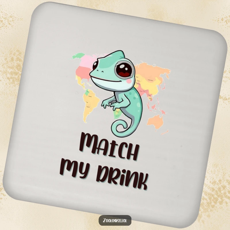 Funny chameleon drink coasters featuring a chameleon blending into a colorful world map, adding decorative flair to tables.