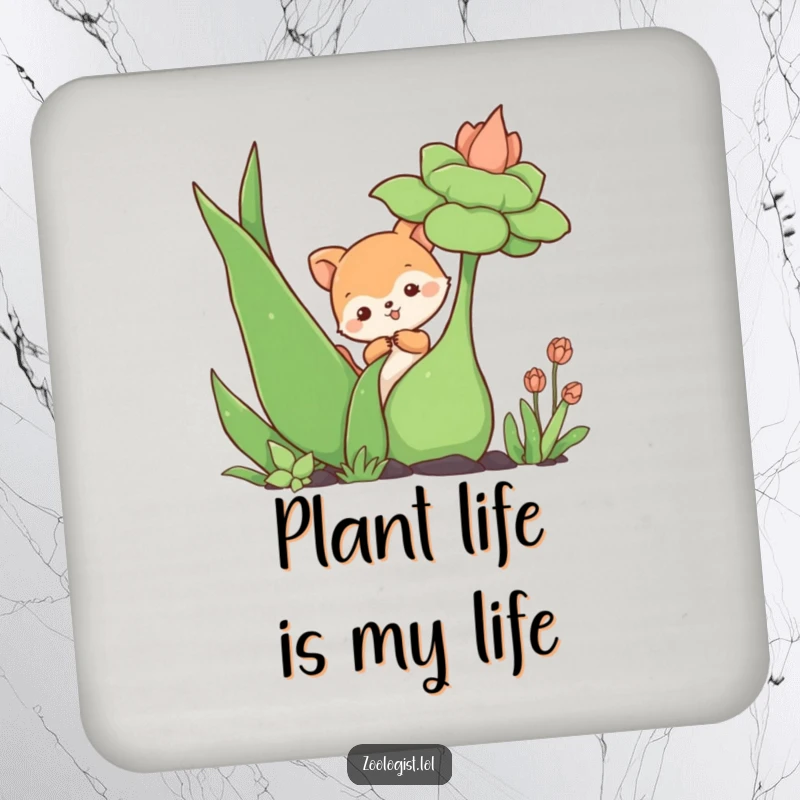 Funny drink coaster featuring a cute animal character curiously poking a giant plant, adding a playful touch to any table setting.