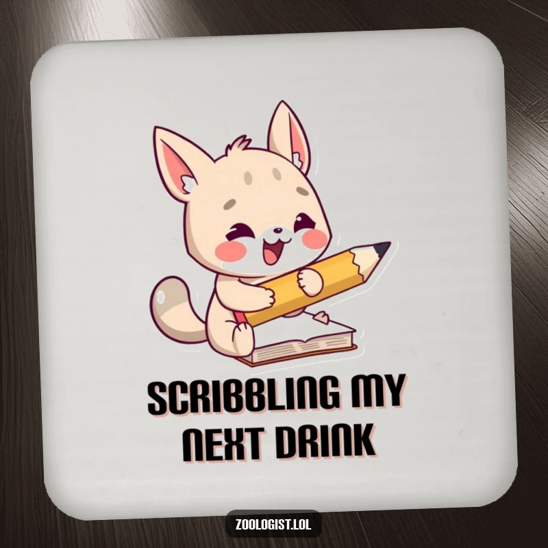 Funny drink coaster with an animal character taking notes using a comically large pencil, adding a humorous element to table protection.