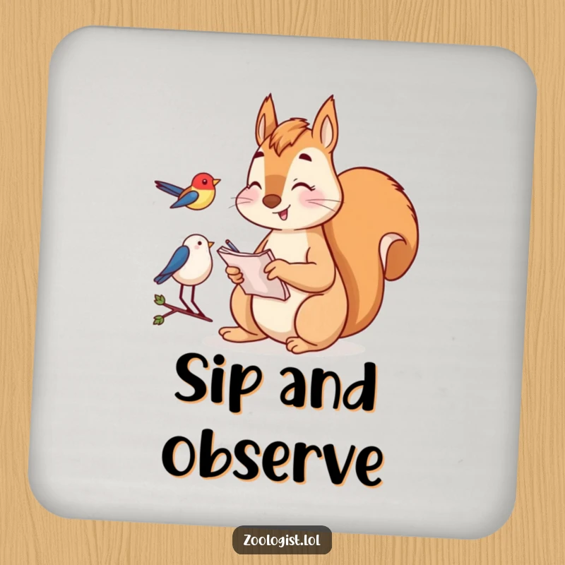 Funny Coasters: Happy squirrel taking notes while watching a bird, adding wildlife humor and surface protection.