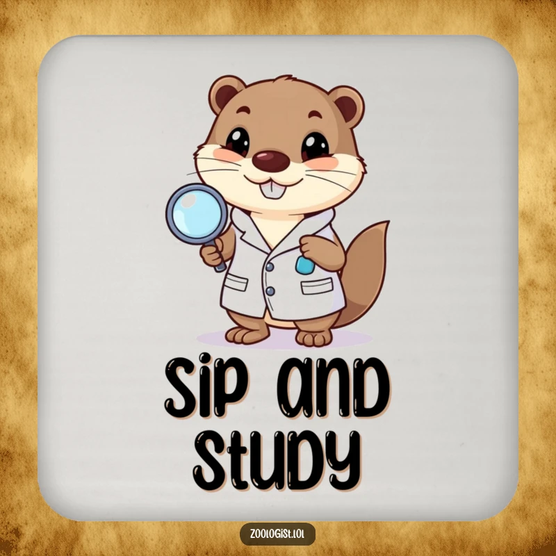 Funny drink coaster featuring a happy otter character in a lab coat with a magnifying glass, humorous decor.