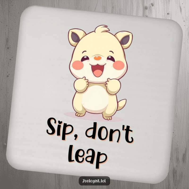 Funny drink coaster featuring a character gently taming a bouncing creature, adding a touch of tenderness and humor to tables.