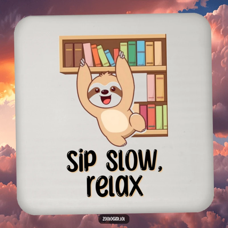 Funny delighted sloth character playfully dangling from a bookshelf, on a drink coaster for table protection.