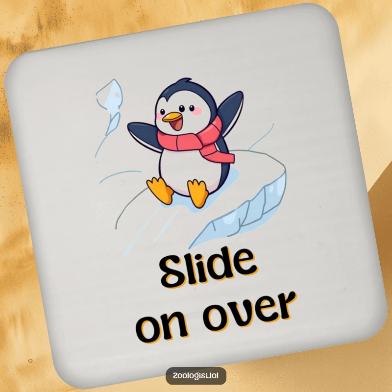 Funny cheerful penguin zoologist sliding down an icy slope on a drink coaster, adding humorous arctic flair to tabletops.