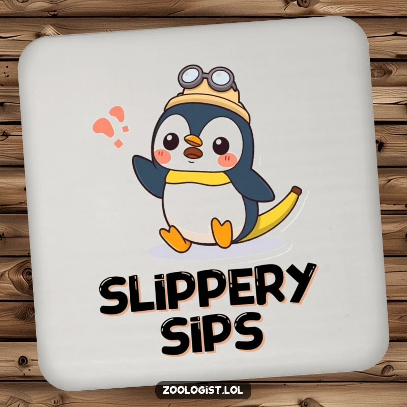 Funny surprised Kawaii penguin zoologist character slipping on a banana peel on a drink coaster, unique and funny gift.