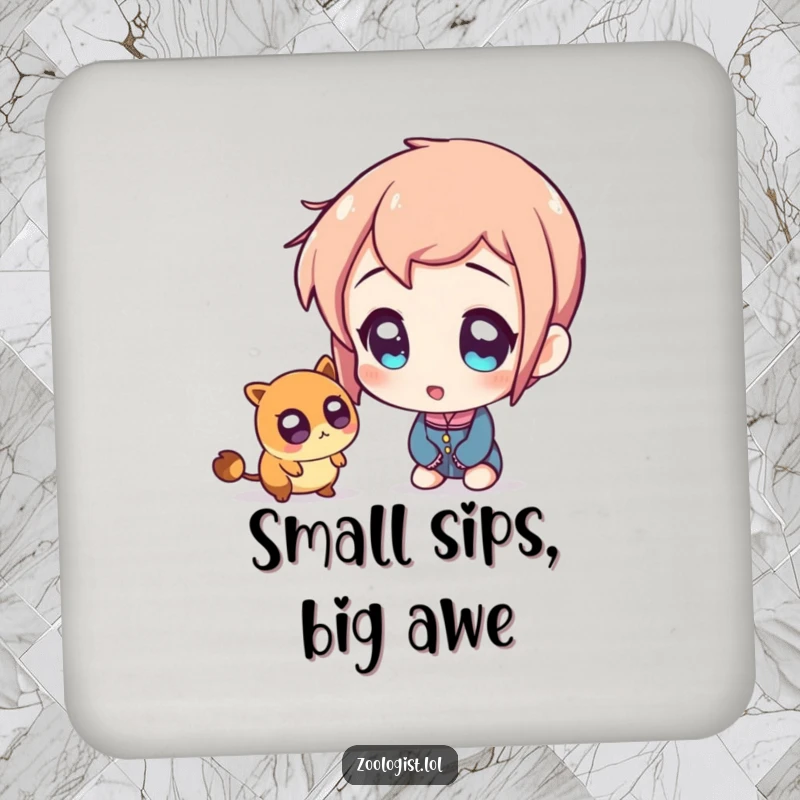 Funny drink coaster depicting a character with enormous, amazed eyes, looking at a very tiny creature with absolute fascination.