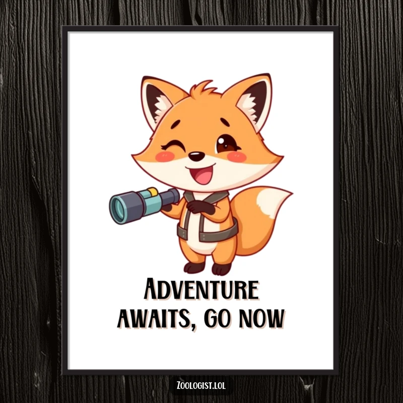 Funny fox poster, an excited fox with binoculars pointing enthusiastically, perfect for inspiring wanderlust and adventurous decor.