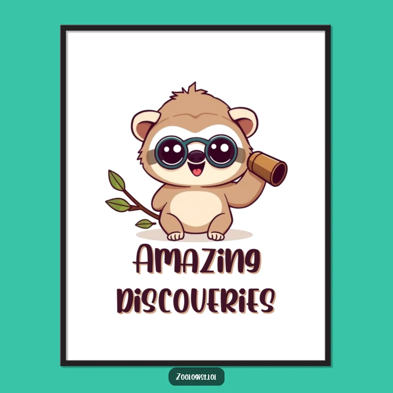 Funny Kawaii Sloth Zoologist Poster: Happy Amazed Character, Nature Art, Quirky Decor