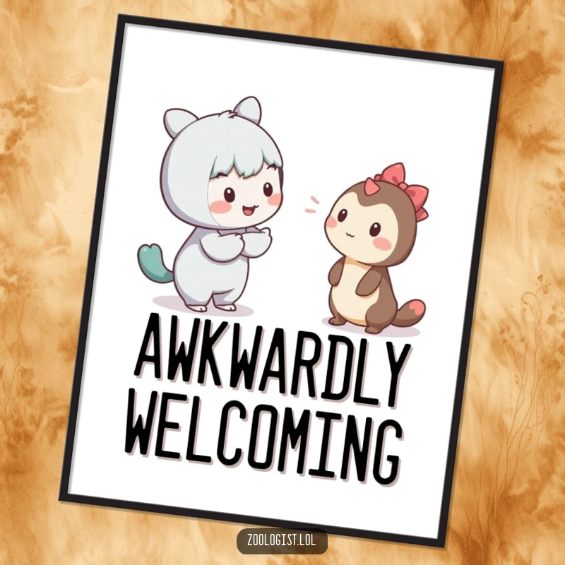 Funny poster art depicting a happy character making a kind gesture towards a shy creature, conveying warmth.