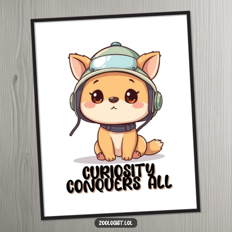 Funny poster of a cute animal character wearing a pith helmet, looking around with eager curiosity, capturing the essence of discovery.