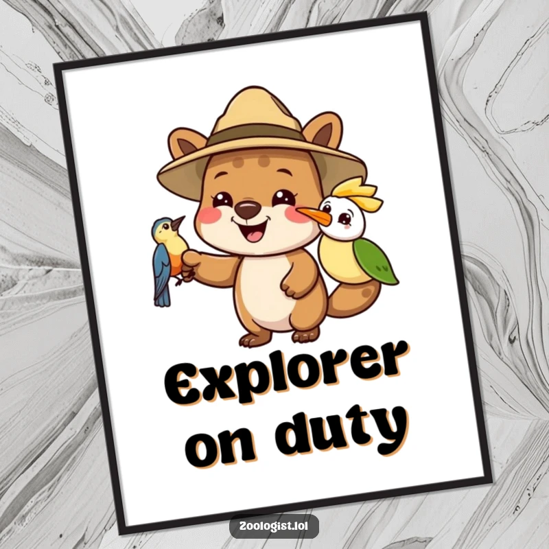 Funny poster featuring a joyful animal in a safari hat pointing at a curious bird, capturing a moment of wonder and exploration.