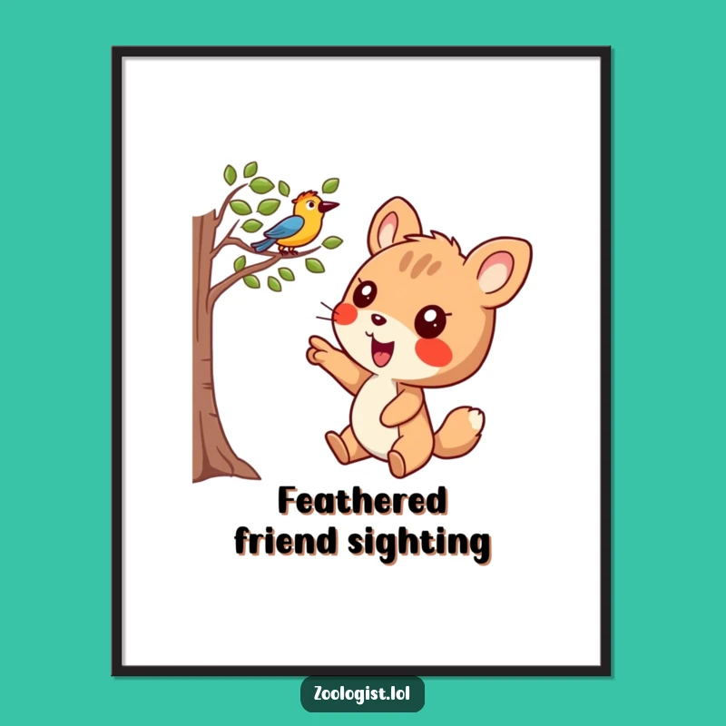 Funny Nature Joy Poster - Joyful Animal Points at Bird, Quirky Wall Art Gift