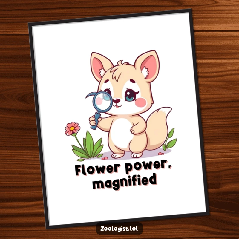 Funny poster of a cute animal character proudly holding a magnifying glass, focused on a beautiful wildflower, radiating curiosity and appreciation.