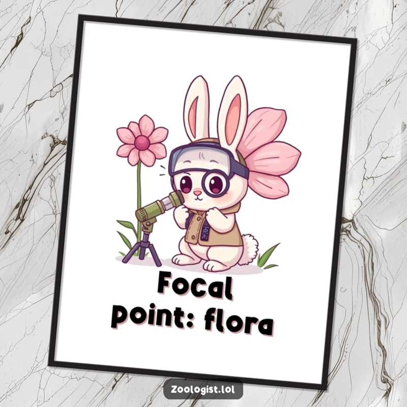 Funny Kawaii Rabbit Zoologist Poster: A determined bunny zoologist intently studies a giant, vibrant flower, bringing cheerful botanical humor to any space.