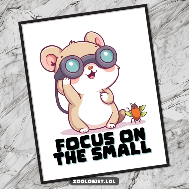 Funny poster art of a small animal character cheerfully using binoculars to observe a tiny bug, celebrating the wonders of nature.