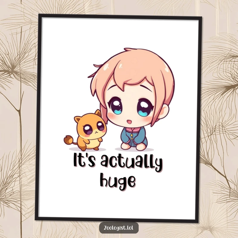 Funny poster illustrating a character with comically wide, amazed eyes, looking at a minuscule creature with expressions of pure shock.