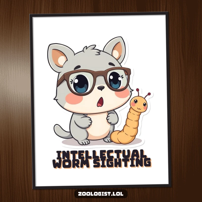 Funny poster print of a surprised animal character looking intently at a tiny worm sporting miniature spectacles, creating a humorous and engaging visual.