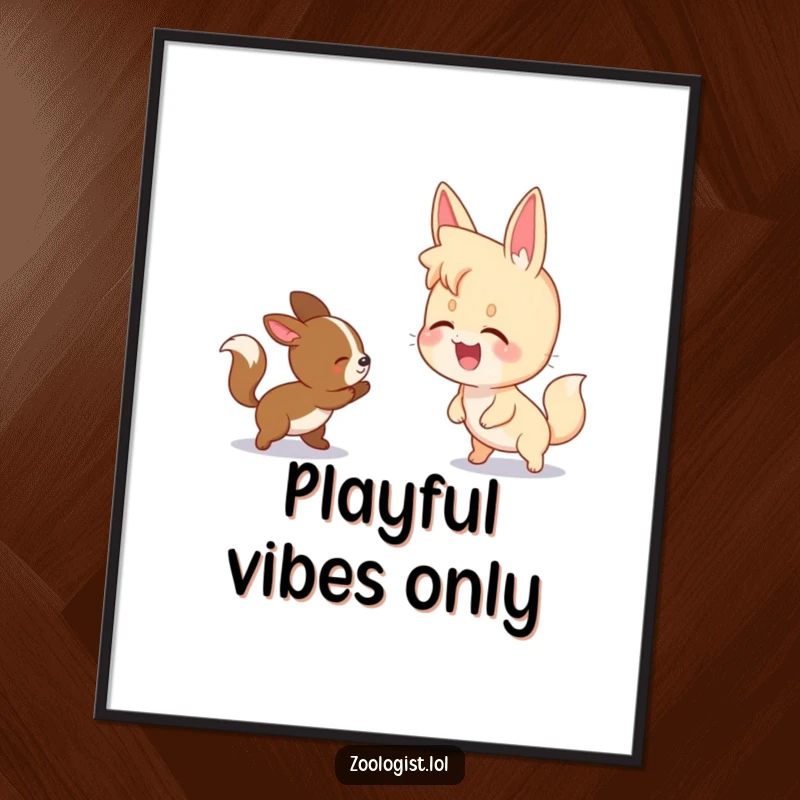 Funny poster art showing a character giggling while observing two animals playfully chasing each other, bringing smiles.