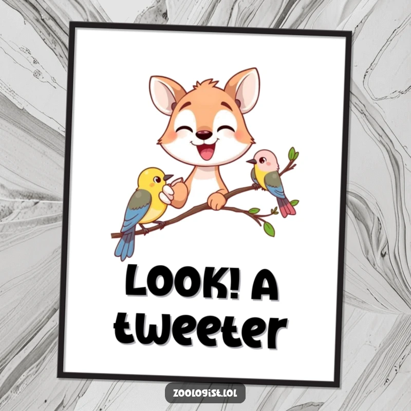 Funny happy animal gazer pointing excitedly at a small bird, nature art, wildlife observation, perfect funny gift.