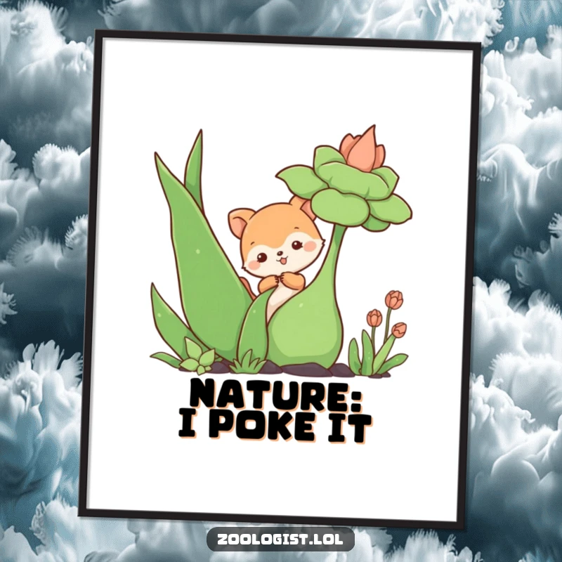 Funny poster showcasing a cute animal character's humorous, gentle poke at an oversized, vibrant plant, evoking delight and curiosity.