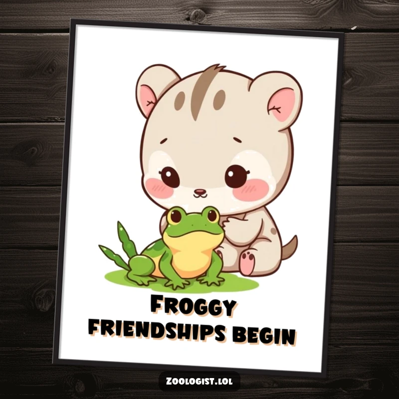 Funny Poster: Cute animal character carefully observing a tiny frog with gentle excitement, embodying curiosity and nature appreciation.