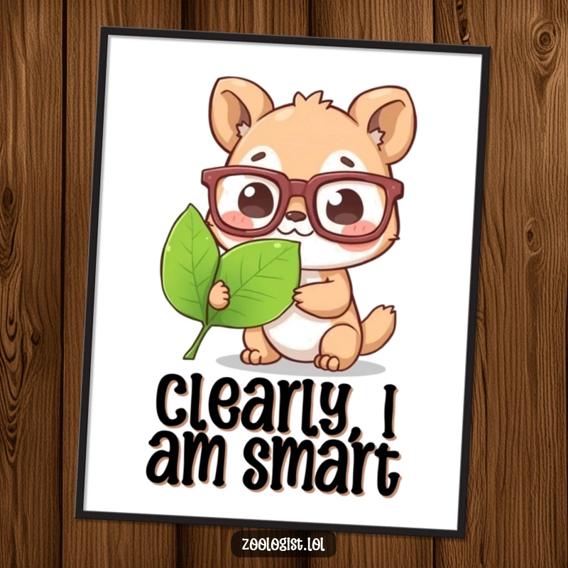 Funny Poster: Cute animal character wearing oversized glasses, engrossed in examining a leaf, bringing a touch of whimsy.