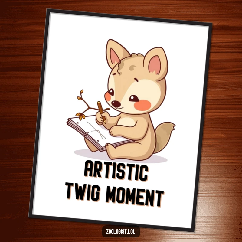 Funny poster art of a curious animal character sketching in a notepad with a twig, representing focus and artistic endeavor.
