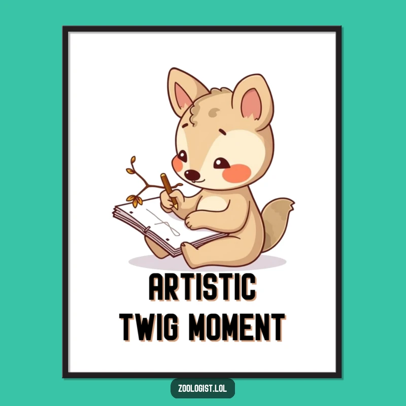 Funny Artist Art Print - Curious Animal Sketching with Twig, Inspiring Decor Gift