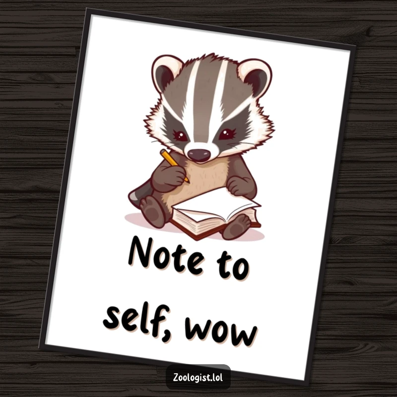Funny curious badger zoologist scribbling notes rapidly in a tiny book, study art, nature observation, perfect funny gift.
