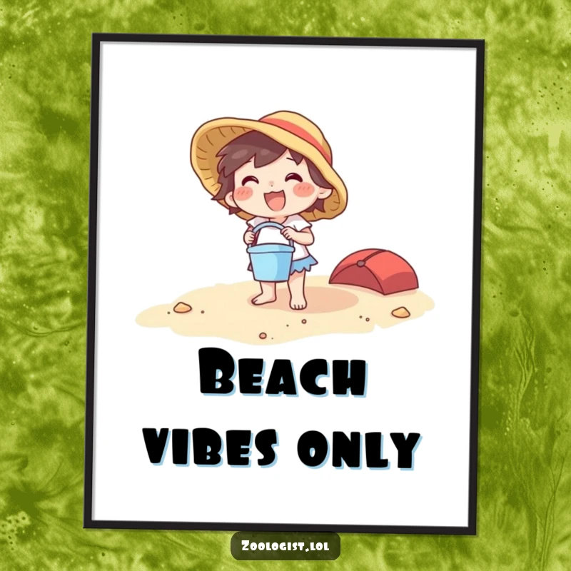 Funny beach character poster featuring a joyful creature with a bucket and spade on a large beach, perfect wall art.