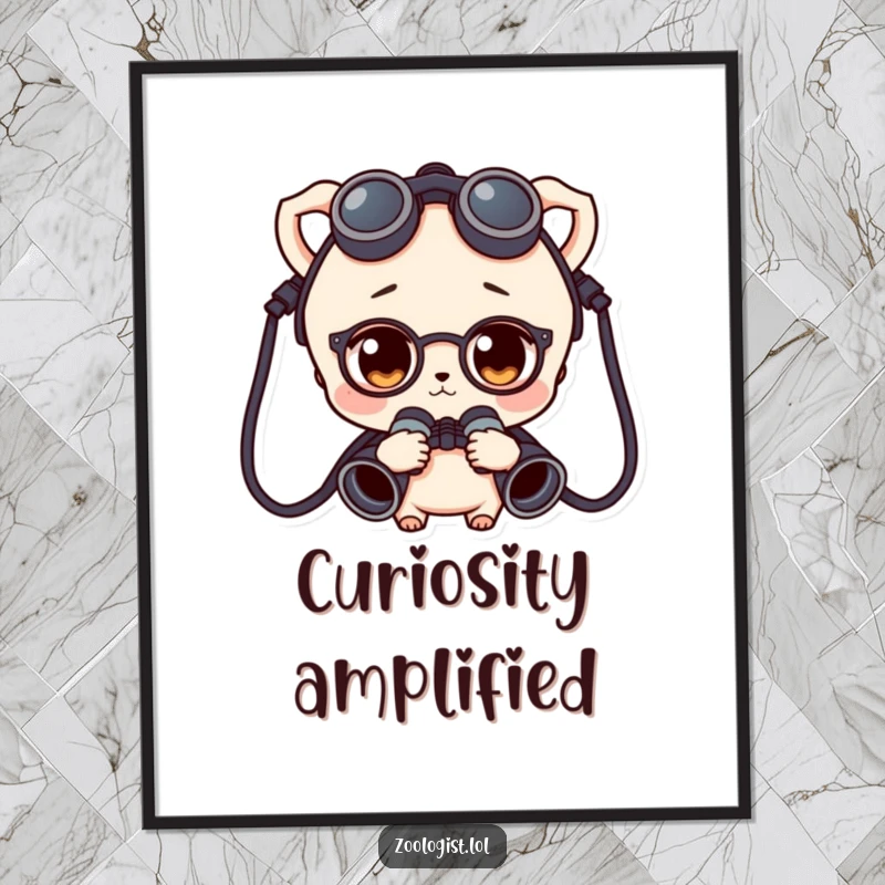 Funny character wearing binoculars around their neck, looking curious, depicted as a vibrant poster for wall decoration.