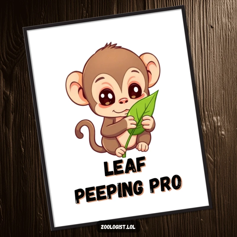 Funny poster featuring a curious monkey character examining a leaf with wide eyes, humorous wall decor.