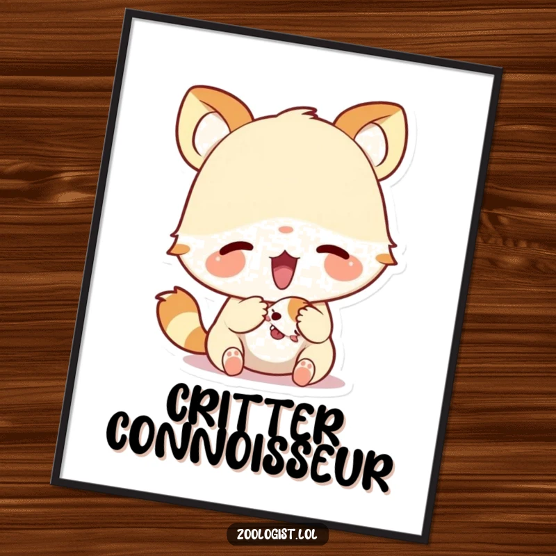 Funny poster depicting a cute animal character showing intense excitement while examining a tiny creature, highlighting a moment of wonder.