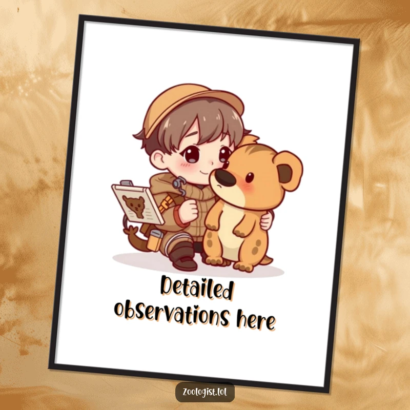 Funny character happily sketching an animal within a detailed field guide, depicted as a vibrant poster for wall art.