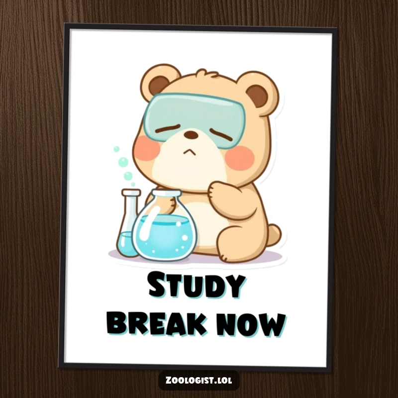 Funny Kawaii bear zoologist character yawning near a bubbling beaker, humorous wall art for scientists and lab enthusiasts.