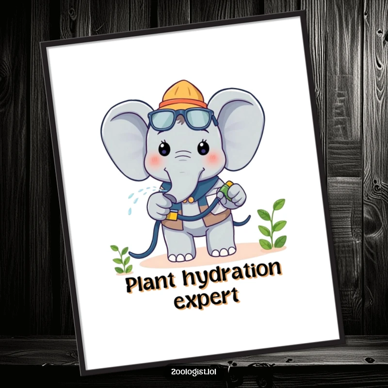 Funny Kawaii Elephant Zoologist Poster: A cheerful elephant zoologist happily waters a plant, bringing botanical cheer and humor to decor.