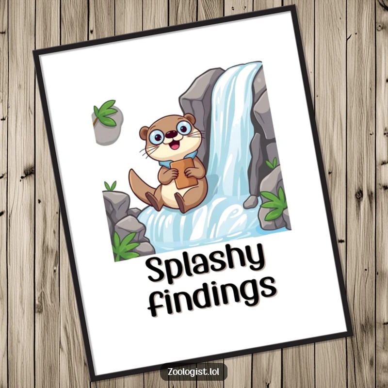 Funny Kawaii otter zoologist character sliding down a waterfall with a clipboard, humorous wall art for adventurers and nature lovers.