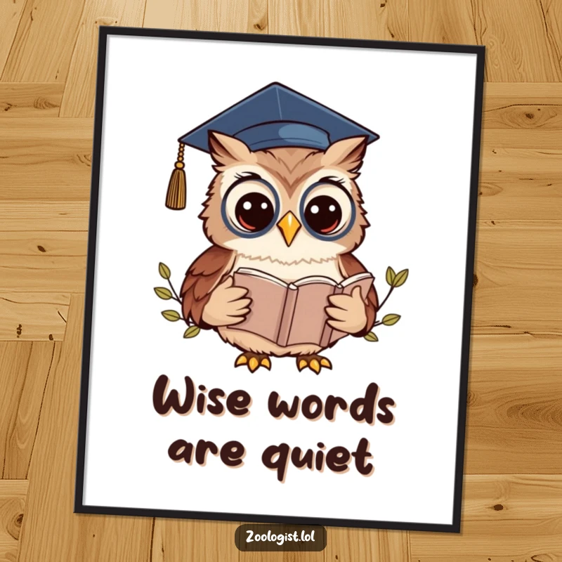 Funny Kawaii Owl Zoologist Poster: A wise owl in a graduation cap reads a book, bringing funny academic vibes.