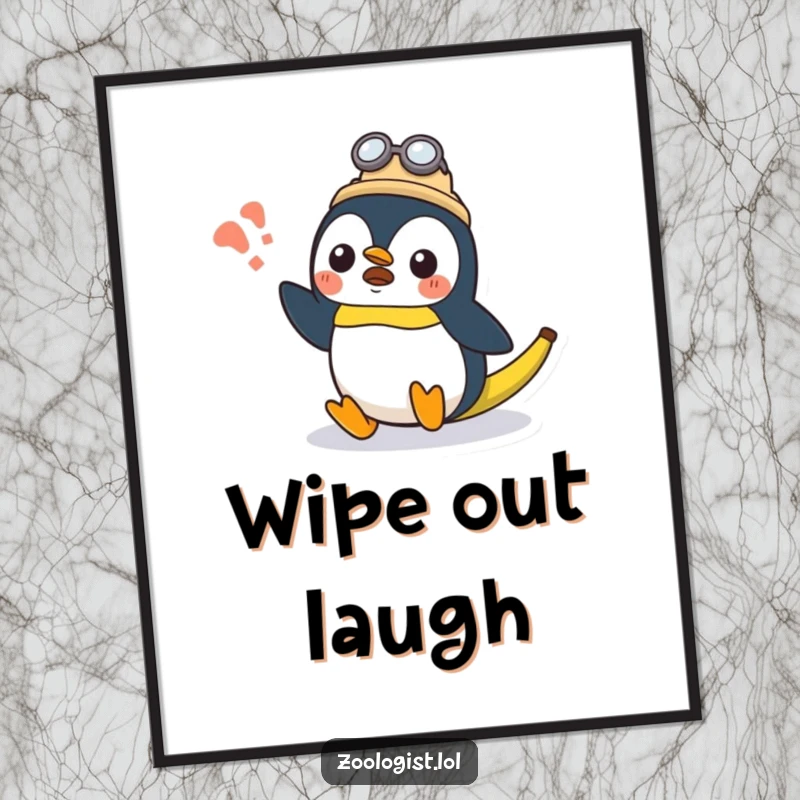 Funny surprised Kawaii penguin zoologist character slipping on a banana peel, humorous poster art, perfect funny gift.