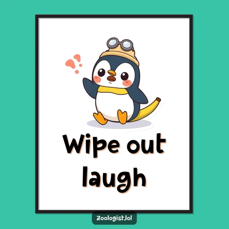 Funny Kawaii Penguin Zoologist Poster: Surprised Penguin, Banana Slip Art, Quirky Decor