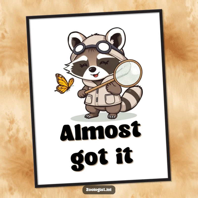 Funny Kawaii raccoon zoologist character chasing a butterfly with a net, humorous wall art for nature enthusiasts and zoologists.