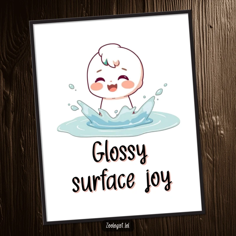 Funny poster illustrating a character gleefully splashing water in a puddle, their satisfied smile conveying complete and utter happiness.