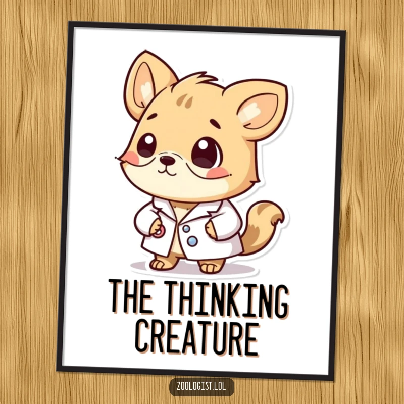 Funny poster showing a cute animal character in a lab coat, looking extremely thoughtful and contemplating complex scientific theories.