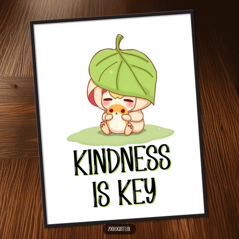 Funny character sheltering a small animal under a leaf, depicted as a heartwarming poster for wall decoration.