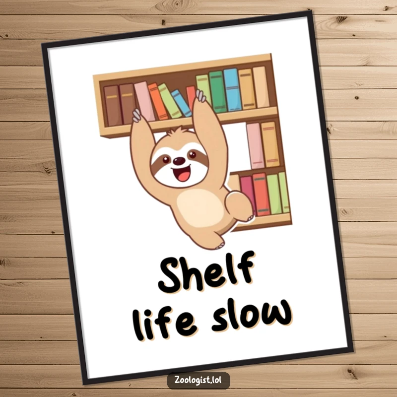 Funny delighted sloth character playfully dangling from a bookshelf, humorous wall art for reading corners and libraries.