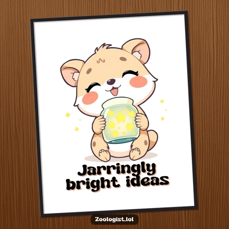 Funny wall art poster of a cute animal character, head tilted back in a giggle, holding a jar glowing with captured fireflies.