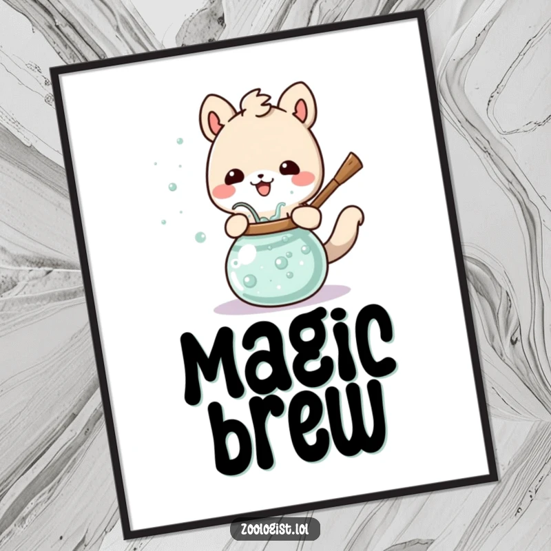 Funny Cute Animal Poster Happily Stirring a Bubbling Potion, Whimsical and Magical Wall Art.